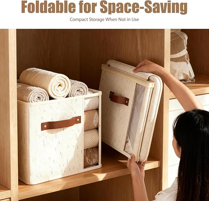 2 Pack Large Fabric Storage Baskets for Shelves, Basket Organizers and storage Bins with Handles for Home Organizing, Beige Decorative Collapsible Baskets for Clothes, Toys, and Blankets