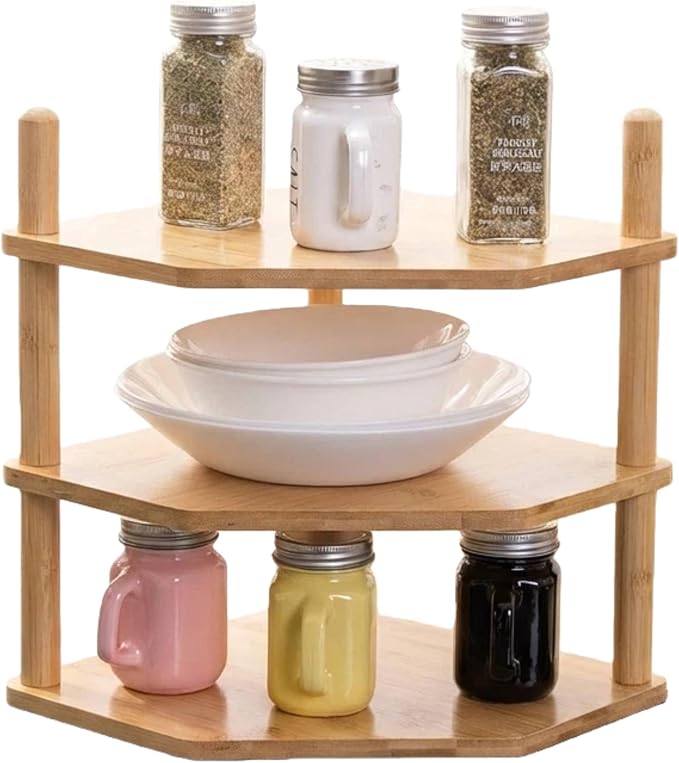 3 Tier Expandable Bamboo Corner Shelf - Dish/Plate Organizer for Cabinet, Kitchen Counter Shelf & Small Kitchen Shelf, Adjustable (1, 3Tier-3.9" H)