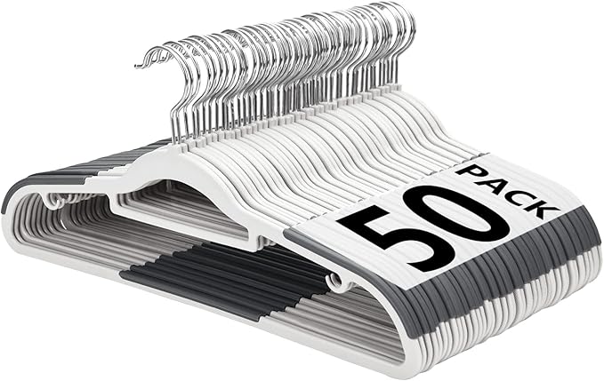 Edergoo Plastic Hangers 50 Pack, Slim Clothes Hangers Non Slip, Non-staining Space Saving Hanger, 17.1 inches Coat Hanger Heavy Duty Hanging Dry Wet Clothes, Gray