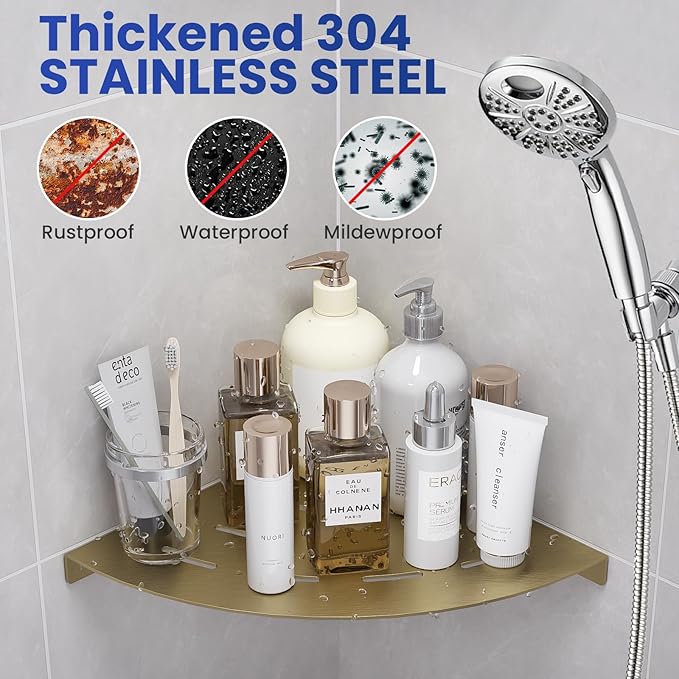 LFBA 2 Pack Corner Shower Shelves Load Capacity 40 lbs 304 Stainless Steel Shower Corner Shelf Will not Rust 8in Shower Shelf for Inside Shower Brushed Gold Drilling Installation