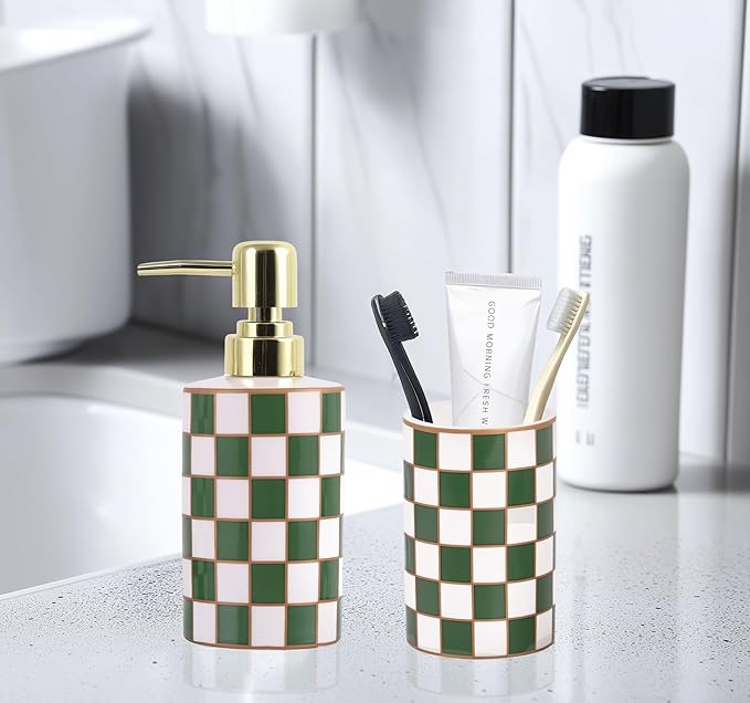 Bathroom Toothbrush Holder Set, Ceramic Checkered Soap Dispenser and Tooth Brush Holder Set, Modern Bathroom Accessories Sets Countertop, Black and White Checkered Bathroom Decor Set (Green)