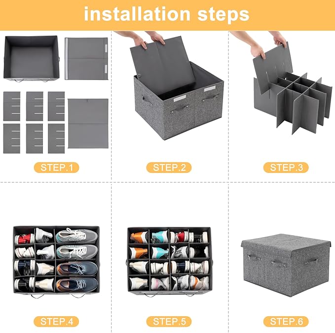 2 Pack Shoe Storage Box Fits 32 Pairs, Large Shoe Organizer with Lid and Adjustable Dividers for Closet, Shoes, Sneakers and High Heeled, Foldable and Stackable (Grey)