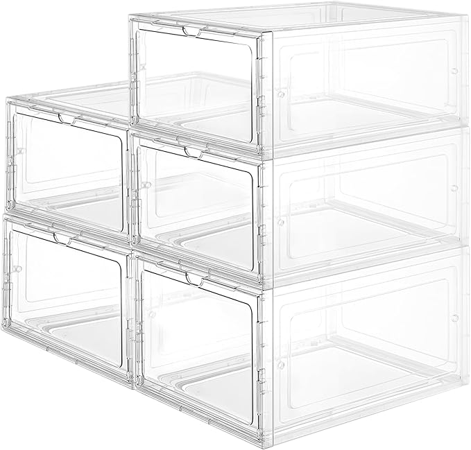Clear Shoe Storage Boxes Stackable – Acrylic Shoe Box Organizer with Drop Front, Thicken & Sturdy Shoe Boxes for Kids Shoe Storage, Assemble Shoe Drawer Organizer, 5 Pack
