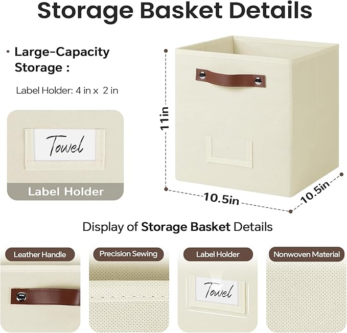 6-Pack Storage Cubes with Handles & Label Holders Basket, Closet Cube Home Organizer Bins(Beige, 10.5*10.5*11 inch)