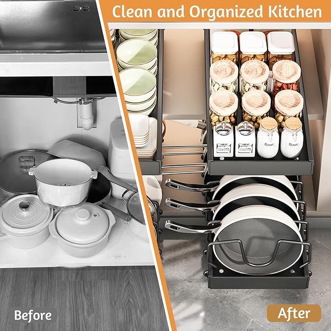 XIAPIA Pull Out Pots and Pans Organizer Under Kitchen Cabinet, Pot Lid Organizers, Slide Out Cookware Storage Rack with 8 Adjustable Dividers, Pull Out Shelves for Dishware Seasoning, (Black, 1 Pack)