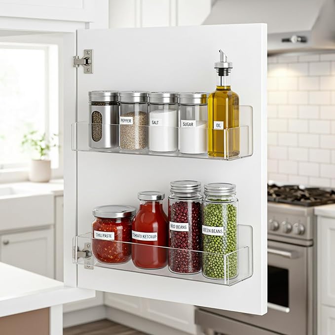 4 Pack Acrylic Spice Rack Wall Mount-9 Inch, Clear Spice Shelf Storage Holder, Hanging Seasoning Rack Organizer for Cabinet Door, Cupboard or Wall Kitchen (Adhesive or Screw)