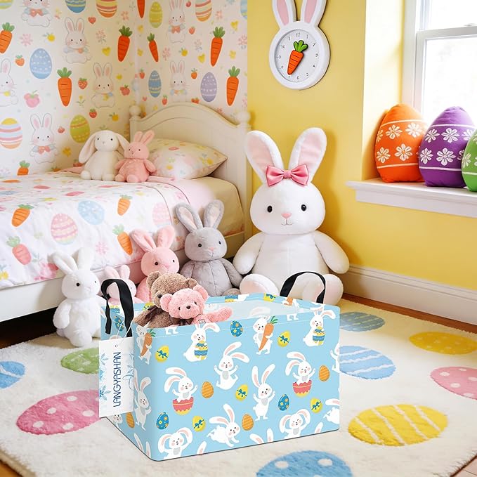 LANGYASHAN Rectangular Storage Bin Collapse Canvas Fabric Cartoon Storage Basket with Handles for Organizing Home Kitchen Boys and Girls Toys Office Closet Shelf Baskets (Rec Blue Rabbit Easter Egg)