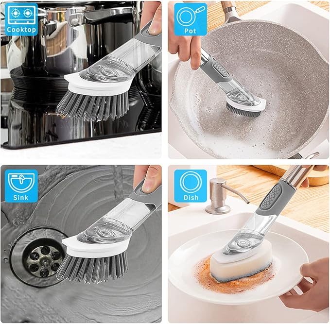 4-in-1 Dish Cleaning Brush Soap Dispensing Dish Brush Set with 4 Replacement Heads and Storage Holder, Kitchen Scrub Brush for Dish Pot Pan Sink Cleaning (Grey)