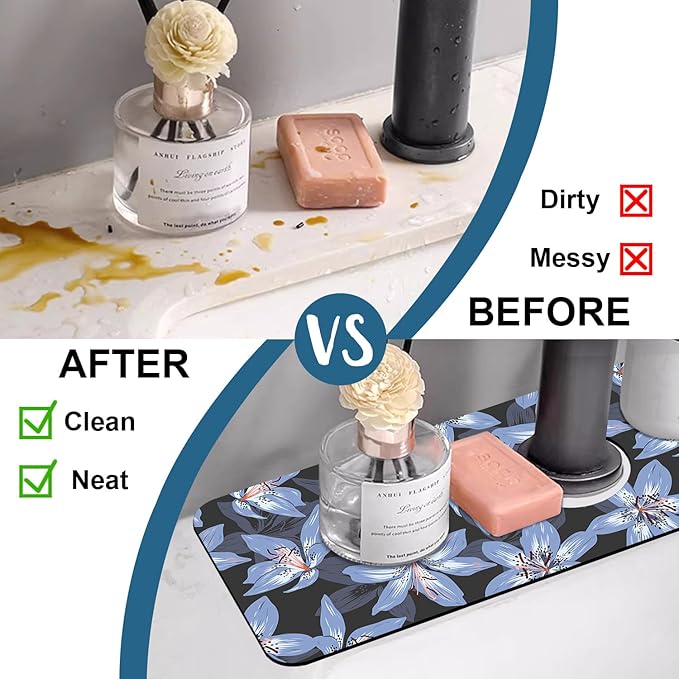 Blooming Lily Sink Faucet Absorbing Mat Blue Lily Flowers Super Absorbent Fast Drying Mat Sink Gadgets Behind Faucet Sinkmat for Kitchen Bathroom, 15.5"x5.5"