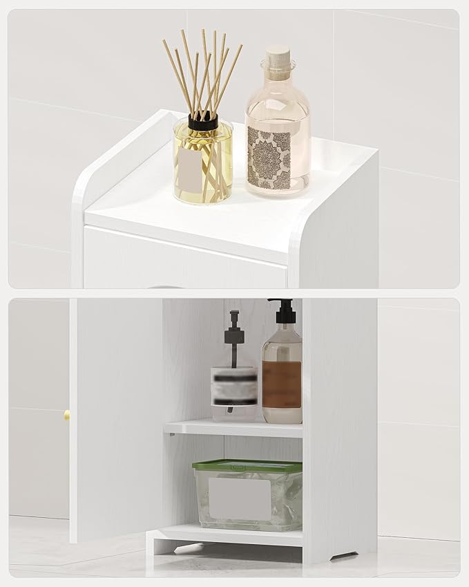 Bathroom Storage Cabinet, Small Corner Floor Cabinet with 2 Doors and Adjustable Shelf, Narrow Toilet Paper Cabinets, Bathroom Organizer for Small Spaces, 7.9" D x 9.8" W x 29.5" H White