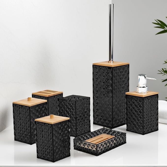 Bathroom Accessory Set,7 Pcs Black Bathroom Set Include Soap Dispenser, Qtip Holder Dispenser, Soap Dish,Toilet Brush,Toothbrush Holder & Mouthwash Cup.Boho Bathroom Set