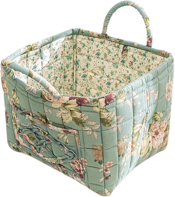 Quilted Fabric Storage Basket with Handles – Boho Foldable Floral Organizer Bin for Home, Picnic, Shopping, Travel 13"x11"x10" (Green Cottage)