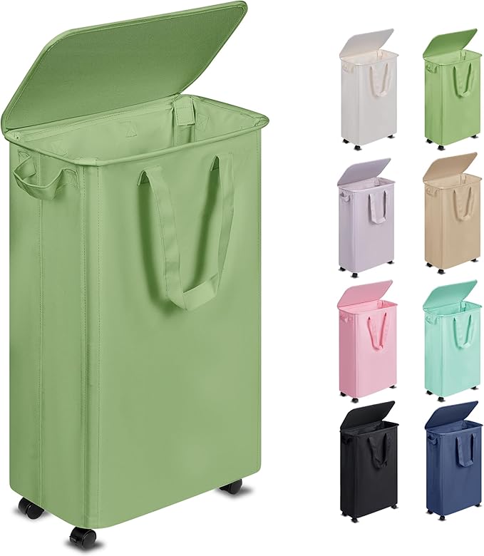 Slim Laundry Hamper with Lid and Wheels, Small Rolling Laundry Basket with Handle for Small Spaces, Tall Dirty Clothes Hampers for Dorm, Bathroom and Bedroom, 55L, Soga Green