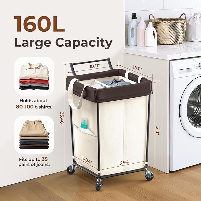 160L Laundry Hamper with Wheels and Handle, 2 Section Large Rolling Laundry Basket Bag with Wheels, Clothes Hamper Cart for Laundry, Bedroom, Bathroom and Dorm