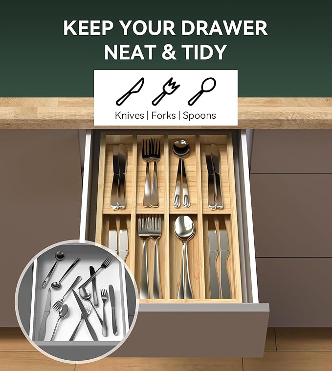 Silverware Organizer, Utensil Drawer Organizer & Cutlery Tray Dividers for Spoons Forks Knives (8 Slot,Natural Bamboo), 16”Dx10”Wx1.7”H