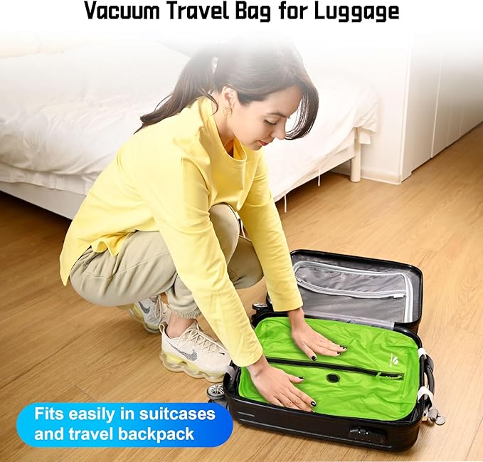 Zurligi Vacuum Bags with Pump for Travel – IPX8 Waterproof Reusable Carry-On Compression Bags for Clothes, Suitcase & Luggage(1-Pack, Green)