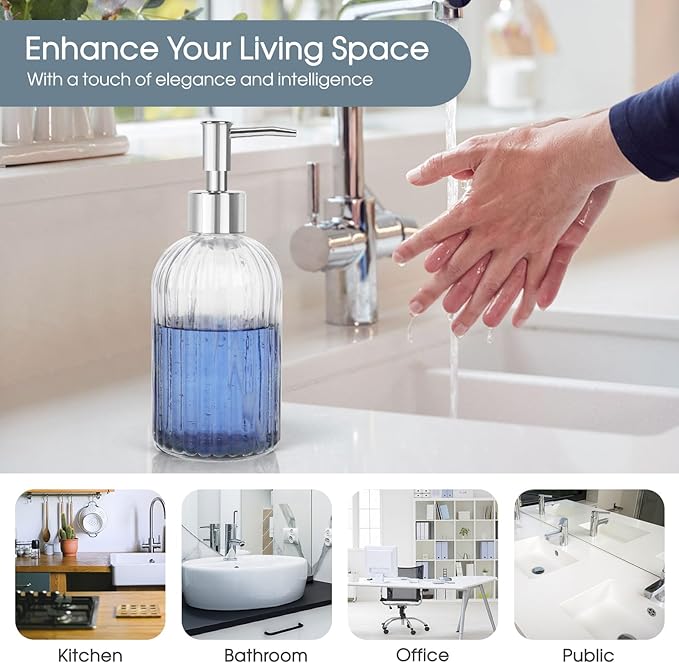 2 Pack Stripe Glass Soap Dispenser with Silver Plastic Pump, 400ml Liquid Hand Soap Dispenser, Rustproof Pump for Kitchen & Bathroom, Great for Lotions, Essential Oil, Liquid Soaps- (Transparent)