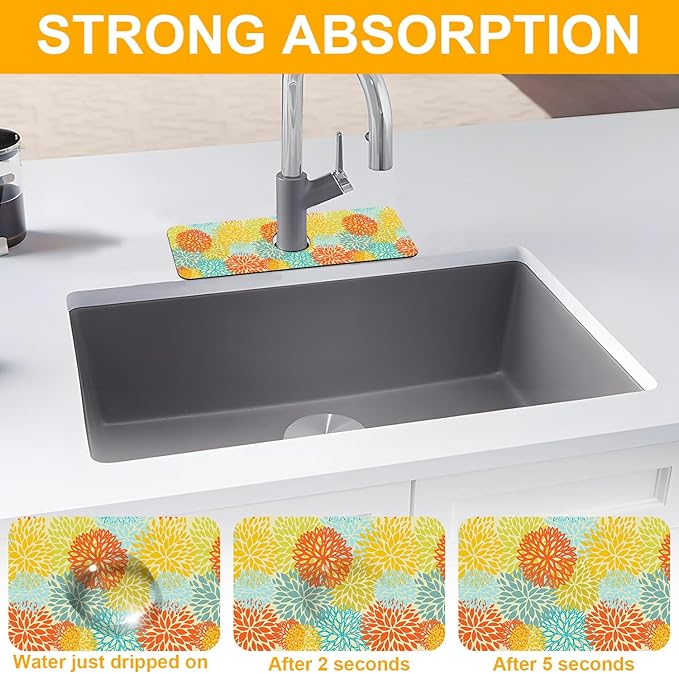 2 Pack Abstract Flowers Sink Splash Guard Faucet Mat Vintage Floral Super Absorbent Fast Drying Mat Sink Gadgets-Splash Guard Behind Faucet Drip Catcher for Kitchen Bathroom, 15.5"x5.5"