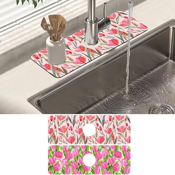 2 Pack Watercolor Tulips Sink Faucet Absorbing Mat Pink Tulips Super Absorbent Fast Drying Mat Sink Gadgets Behind Faucet Sinkmat for Kitchen Bathroom, 15.5"x5.5"