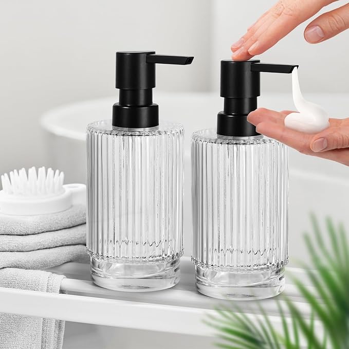 Glass Soap Dispenser with Pump, 2 Pack 11 fl oz Clear Hand Soap Dispensers for Bathroom, Ribbed Style Dish Soap Dispenser for Kitchen, Modern Refillable Liquid Soap Pump Bottle