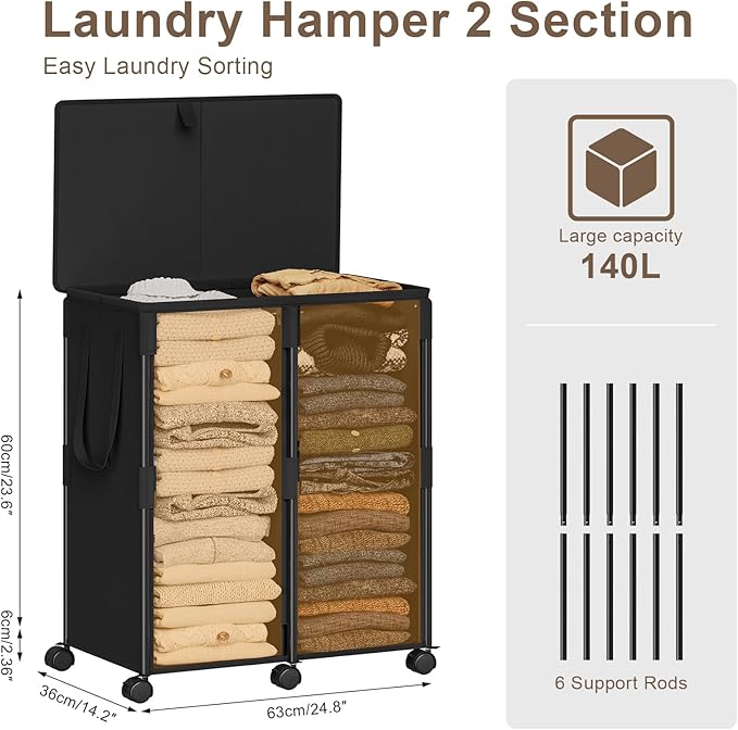 Chrislley 140L Large Double Laundry Hamper with Lid and 6 Wheels, Rolling Laundry Basket with 2 Removable Bags, Heavy Duty Metal Frame Laundry Cart, Dirty Clothes Hamper for Bathroom, Bedroom (Black)