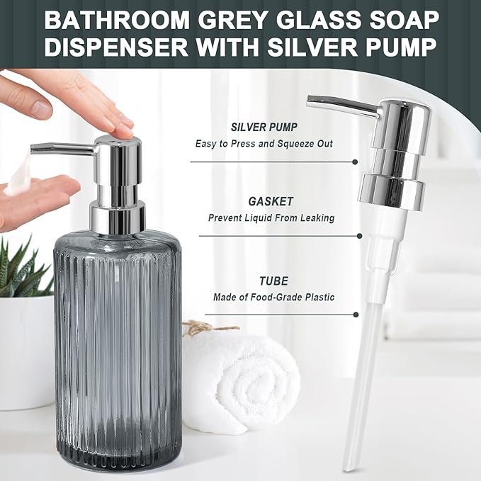 Gray Glass Bathroom Accessories 4 Pcs, Grey Bathroom Set, Soap Dispenser and Toothbrush Holder Set, Qtip Holder Set, Vintage Bathroom Sink Set, Modern Bathroom Decor