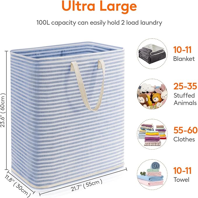 Lifewit 1 Pack Laundry Hamper Large Collapsible Laundry Baskets, Freestanding Waterproof Clothes Hamper with Easy Carry Handles in Laundry Room Bedroom Bathroom College Dorm, Blue, 100L