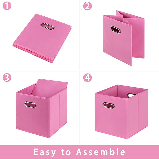 Fabric storage bins Cubes, Fabric Cube Organizer with Handle, Foldable Cube Bins for Cloth or Accessary Storage, 11x11x11, Set of 6, (Pink)