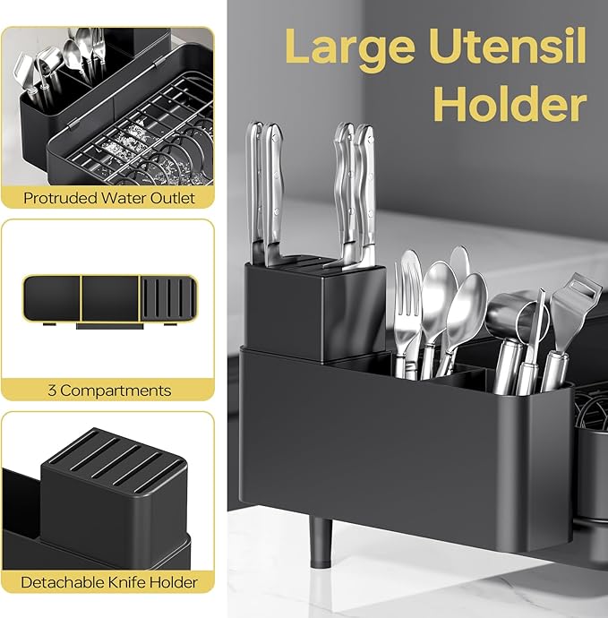 Dish Drying Rack for Kitchen Counter, 304 Stainless Steel Dish Rack, Expandable Dish Drainer, Foldable Dish Strainer with Cutlery Holder, Kitchen Plate Rack (Black, Large Size)