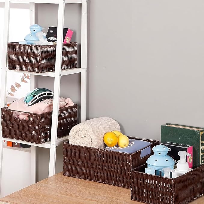 Elevon Plastic Wicker Basket Set of 4, Handmade Storage Basket for Organizing with Handles, Storage Bins for Home Kitchen Countertop, Shelf Organizer, Waterproof, Coffee