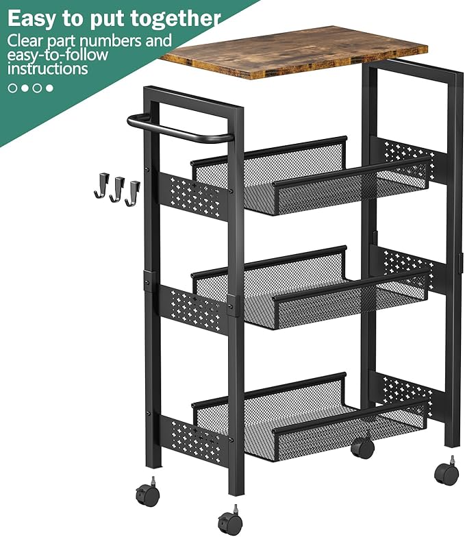 Utility Slim Storage Cart with Wheels, 4-Tier Narrow Rolling Organizer Shelf with Wood Top, Metal Storage Rack and Space-Saving Organizer for Bathroom, Kitchen, Laundry Room, Small Spaces