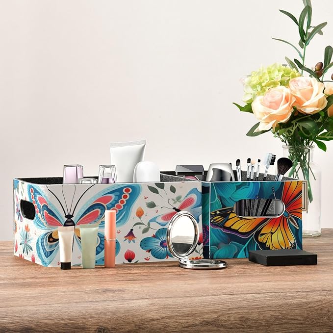 Decorative Butterfly Floral Closet Storage Bins 2 Pcs Felt Open Home Storage Containers Organizer with Handles Collapsible Shelf Basket for Home Office Craft Room Classroom Fabric