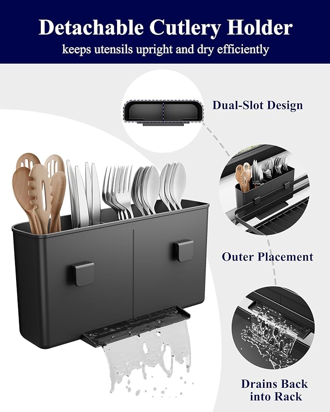 Kitsure Dish Drying Rack - Multi-Functional Dish Rack for Kitchen Counter with Cutlery Holder, Rust-Proof Storage Solution with Rotatable, 15.7" x 12.0" x 5.5", Black