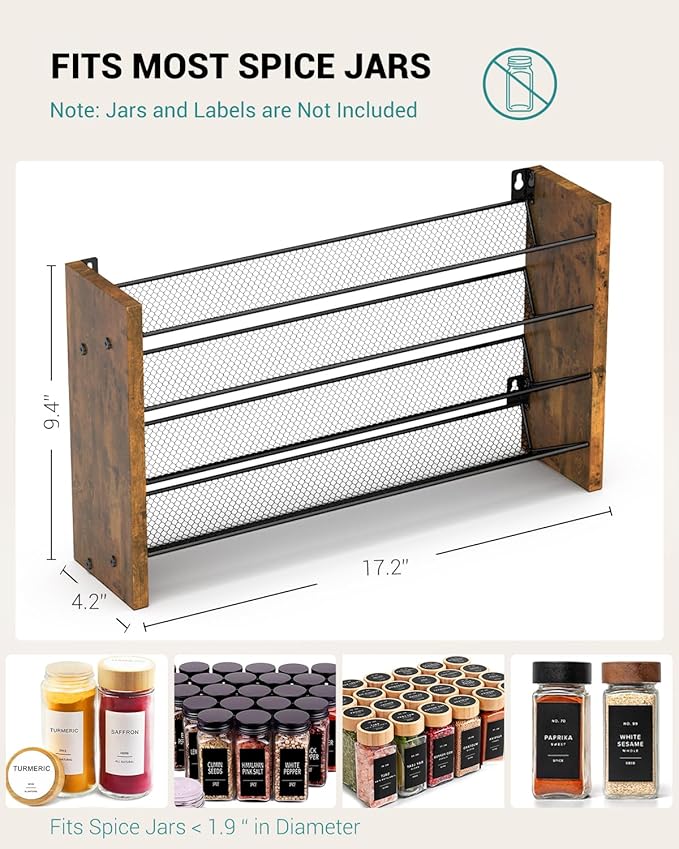 NESAPTO Spice Rack Organizer for Cabinet, Wooden 4 Tier Vertical Seasoning Organizers for Kitchen Pantry, Countertop/Wall Mount, Holds 36 Spice Jars (No Jars Included), 17.2" W × 9.4" H