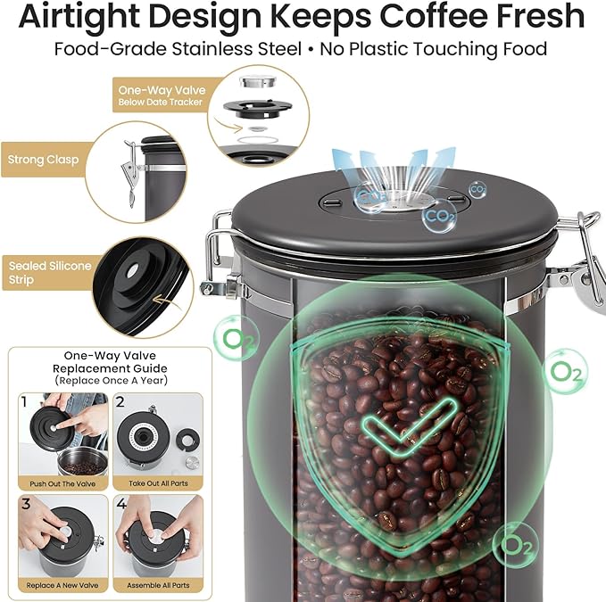 Veken Coffee Canister, 39OZ Large, Airtight Stainless Steel Food Storage Container for 2.2lbs Coffee Beans,Ground, Sugar,Espresso,Rice,Tea,Flour, Cereal,Home Kitchen Pantry Bar Accessories, Gifts,Gray
