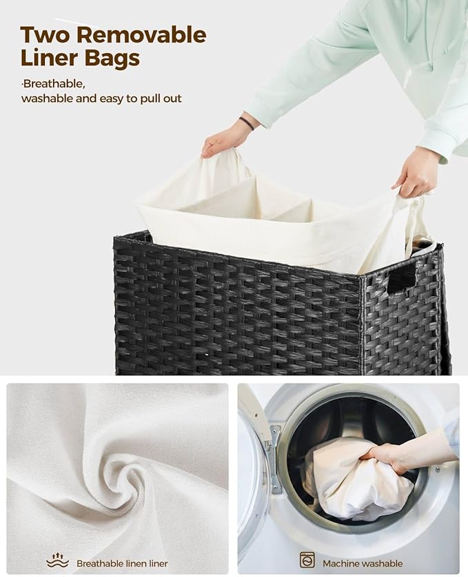 Greenstell Laundry Hamper with Wheels&Lid, 130L Large 3 Sections Clothes Hamper with 2 Types Removable Liner Bags, 5 Mesh Laundry Bags, Handwoven Divided Laundry Basket Black