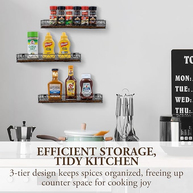 MyGift 3 Pcs Wall Mounted Spice Racks, Hanging Organizers for Seasoning Jars or Condiment Bottles, 14 Inch Rustic Burnt Solid Wood and Black Metal Wire Geometric, for Kitchen