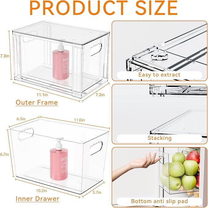 Yieach 4 Pack Large Stackable Storage Drawers,11″Deep Under Cabinet Organizer,Baby Bottle Organizer,Clear Stacking Pull Out Drawer,Acrylic Storage Containers Bins for Organizing Snack,Medicine,Makeup