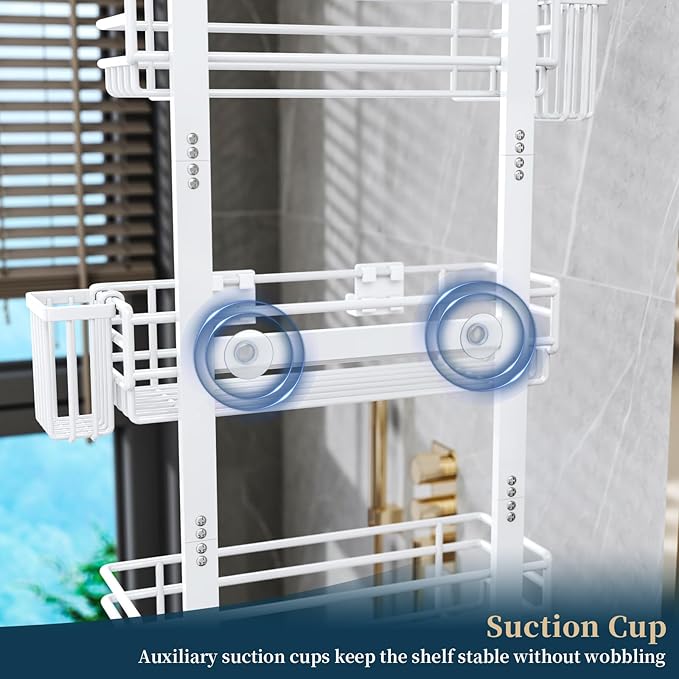 Consumest Over The Door Shower Caddy - 5 Tier Adjustable Shower Organizer Hanging with 2 Toothbrush Holders & 4 Hooks, Rustproof Organizer Shelf, Storage Rack for Bathroom, White