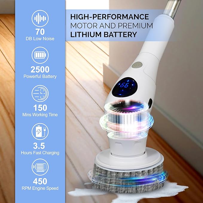 KARAMII Electric Spin Scrubber, Cordless Power Brush with 8 Multi-Functional Heads, 3 Adjustable Speeds, IPX7 Waterproof, LED Display, Long Handle (13.8"-51"), Perfect for Bathroom, Tile, Kitchen, Car