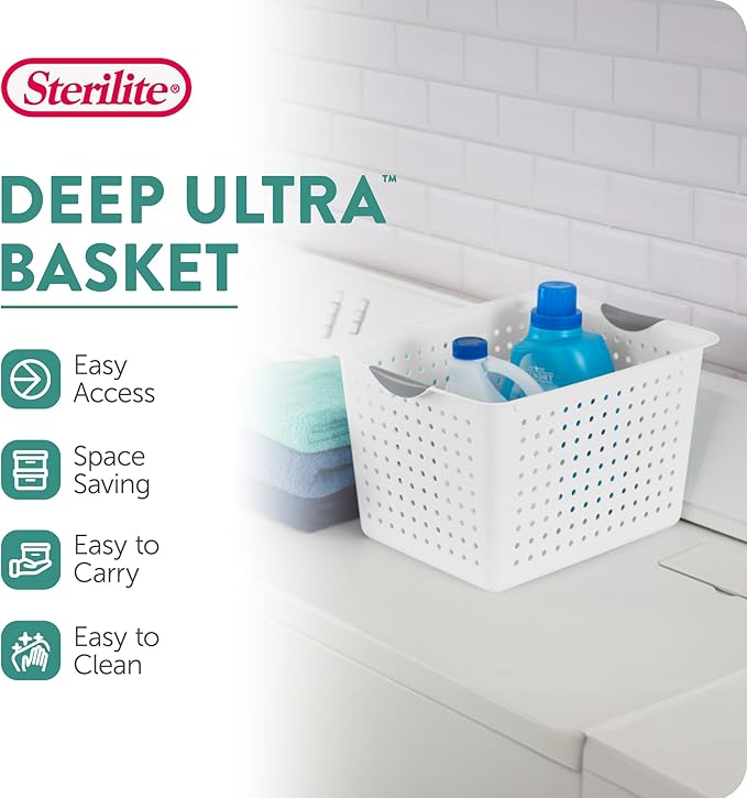 Sterilite 24-Pack Ultra Basket, Open Plastic Bins, Countertop, Cabinet and Closet Organizer, White, Deep