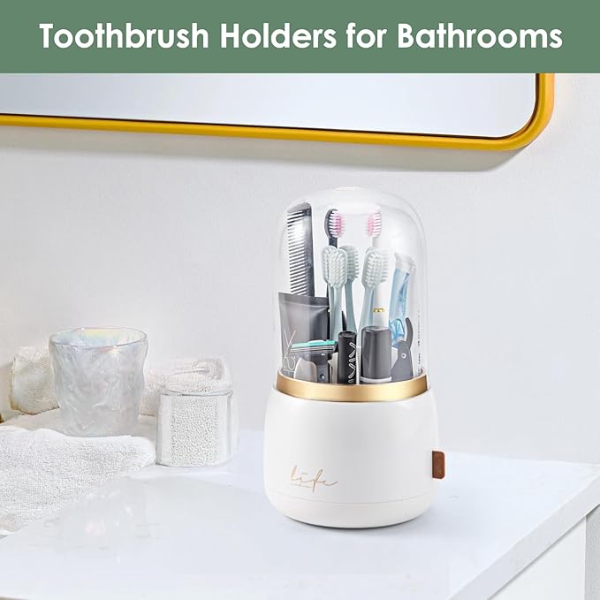 Toothbrush Holders for Bathrooms,Rotating 5-Slot with Cover and Draining Water,Kids Electric Toothbrush Holder and Toothpaste Stand Storage for Bathroom Accessories Counter Organizer Vanity