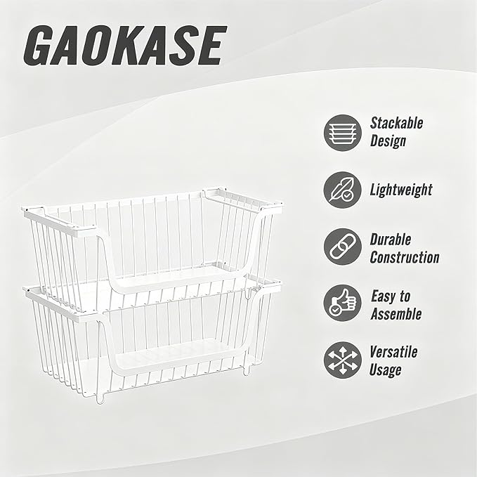 6 Pcs Stackable Wire Baskets for Pantry Organizers and Storage,Vegetable Fruit Basket for Countertop,Kitchen Storage Metal Baskets,Produce Potato Onion Storage Bin,White