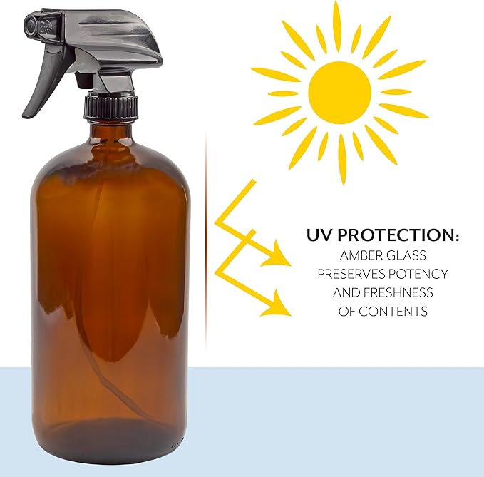 Cornucopia Brands 32oz Amber Glass Spray Bottles (Pack of 2) Brown Bottles w/ 3-Setting Trigger Sprayers; Includes Caps for Storage