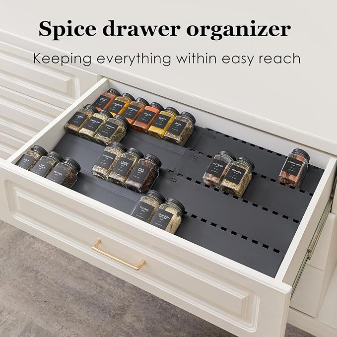 Spice Drawer Organizer, 2 Tier- 2 Pack Drawer Seasoning Organizer Expandable from 13" to 24.4", Spice Rack for Kitchen Drawers, Spice Organization Insert Tray for Drawer (Jars not included)