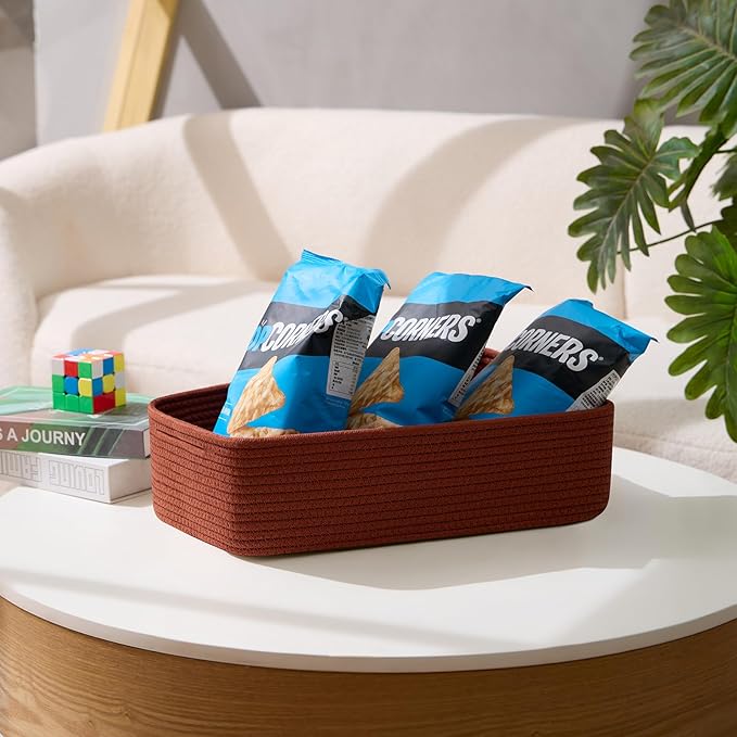 Large Shallow Organizing Baskets 15x11x5.1 Inches - Rope Woven Storage Bins for Bathroom, Shelves, Cube Closet, Red 3 Packs