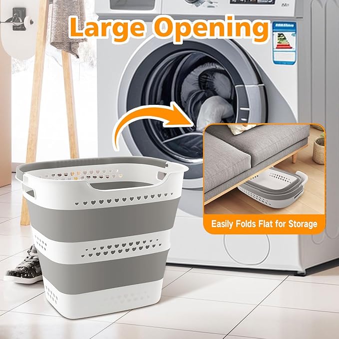 3 Pcs 42L Medium Collapsible Plastic Laundry Basket with Handles, Foldable Laundry Basket Hamper, Pop Up Storage Container Organizer for Washing Storage (Gery, 17 Inch * 13 Inch * 15 Inch)