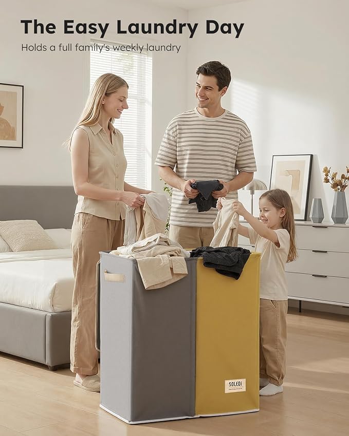 SOLEDI Large Double Laundry Hamper with Lid, Collapsible Clothes Hamper 2 section with Removable Bags, Space-Saving Laundry Basket for Bedroom, Dorm, College