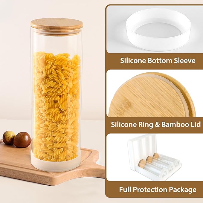 73oz Glass Spaghetti Pasta Containers for Pantry Organization, 3-Pack Large Airtight Food Jars with Bamboo Lids and Non-Slip Silicone Bases, Clear Storage Canisters for Flour, Cereal, Rice