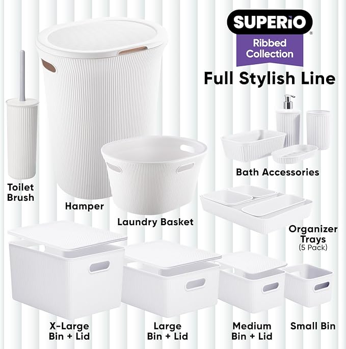 Decorative Plastic Basket Open Home Storage Bins Organizer Baskets, Small White (4 Pack) Container Boxes for Organizing Closet Storage Bins for Shelves Drawer Shelf - Ribbed Collection 1.5 Liter
